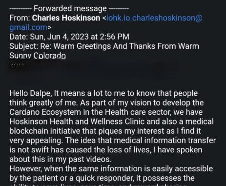 An Email Impersonating Cardano founder Charles Hoskinson. He has warned aboutt the rise of  AI generated scams and fraud: Twitter