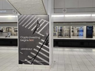 New York Stock Exchange with banner flagging ProShares Bitcoin Strategy ETF on the day it started trading.