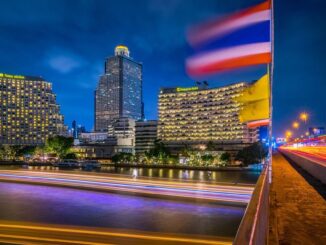 New York Stock Exchange with banner flagging ProShares Bitcoin Strategy ETF on the day it started trading.
